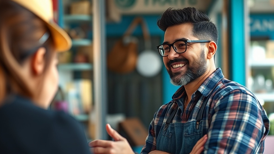 Local business owner engaging customers, showcasing emotional connection, warm tones.