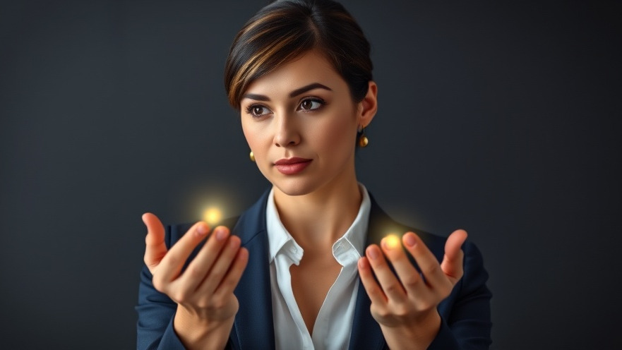 Confident businesswoman weighing glowing icons, symbolizing efficient decision-making strategies.