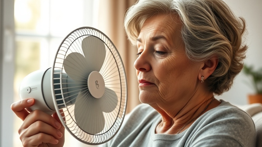 Mature woman using a fan to soothe menopause symptoms like hot flashes in a bright, natural setting.
