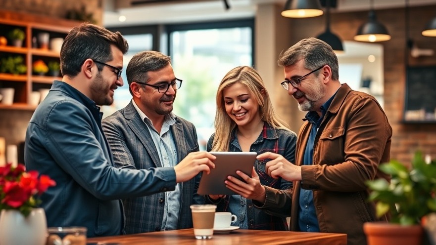 Local business owners collaborate on LinkedIn content creation in a cozy coffee shop.