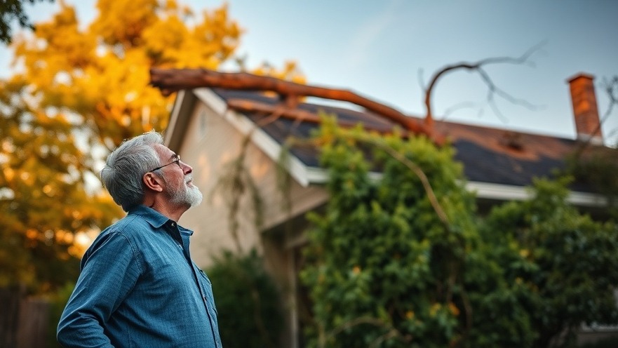 Homeowner assessing tree damage roof repair after a tree falls on their roof.