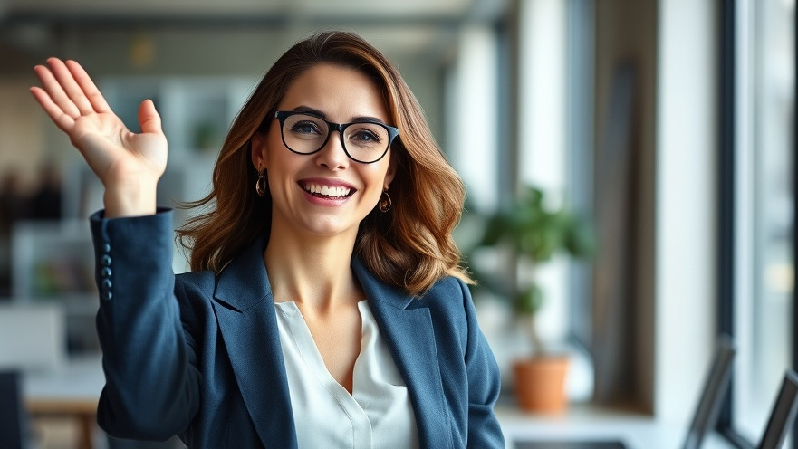 Confident businesswoman celebrating success in a modern office, enhancing user experience optimization.
