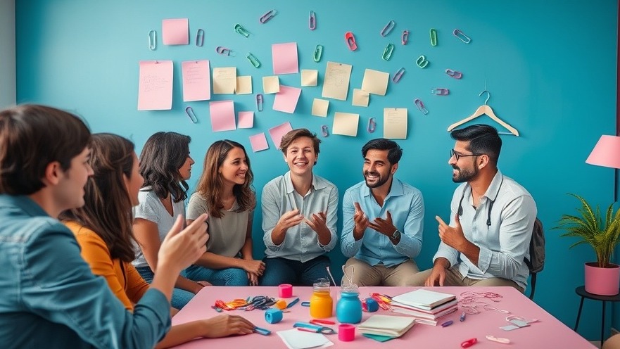 Creative brainstorming session with diverse team expressing ideas in a colorful setting.