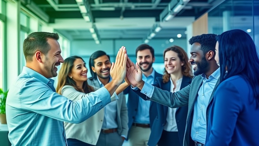 Professionals celebrating positive Google Business Profile reviews in a modern office.