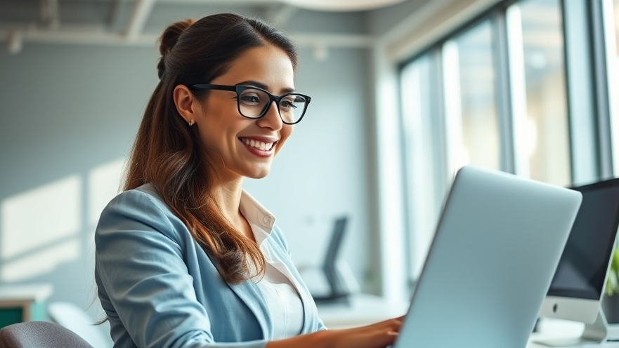 Confident businesswoman analyzes website statistics, reflecting effective local SEO strategies.