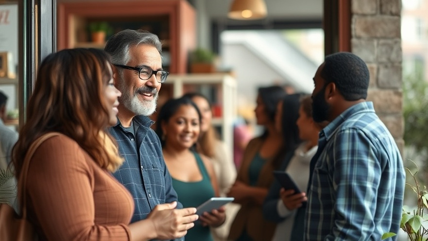 Confident local business owner engaging warmly with diverse customers, promoting digital PR.