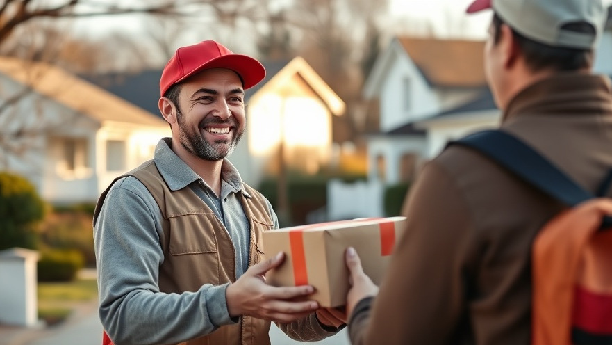 Smiling food delivery courier in suburban neighborhood, overcoming financial burdens.