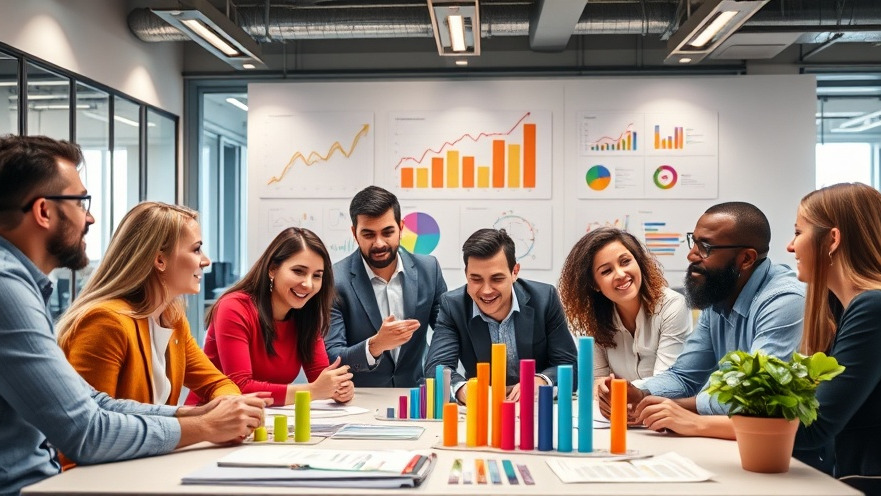 Diverse professionals collaborate on business development tips with charts in a modern office.