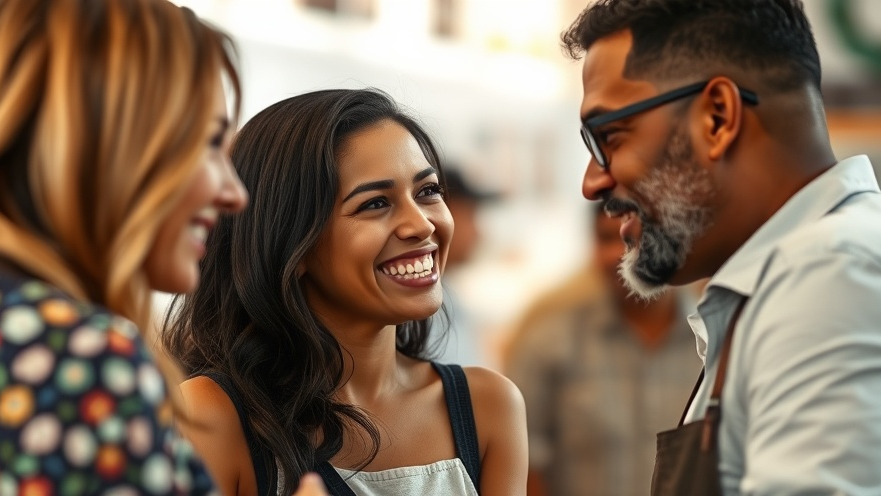 Confident local business owner engaging with happy customers, highlighting SEO strategies.