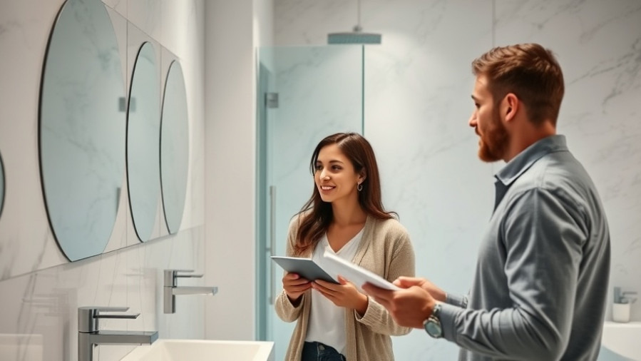 Young couple explores modern bathroom in new construction homes with real estate agent.