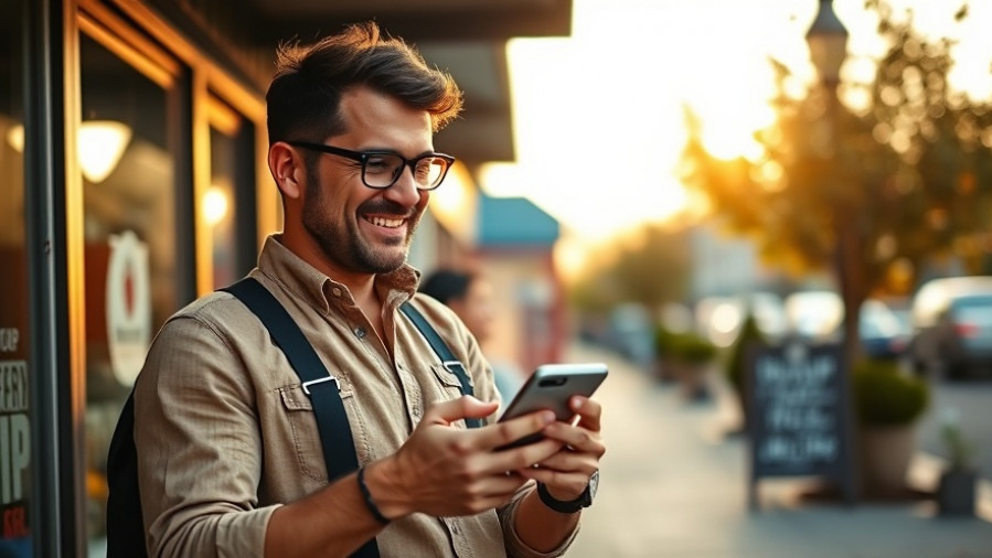 Confident local business owner engaging in digital advertising for local businesses with a smartphone.