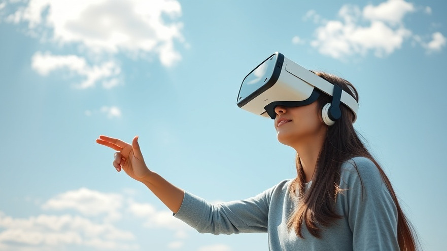 Young woman using virtual reality for time management strategies in a clear sky.