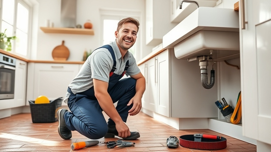 Smiling plumber performing preventive plumbing maintenance in a modern Maryland kitchen.