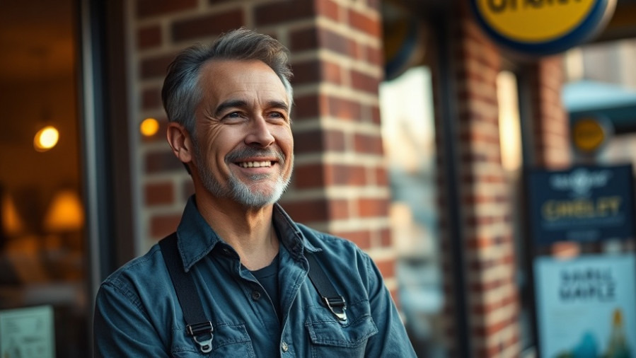 Confident local business owner ready for AI content optimization outside storefront.