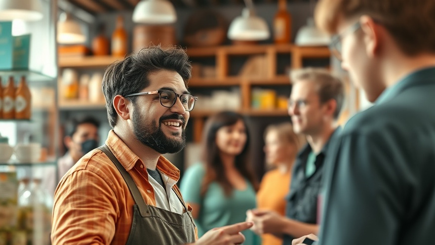 Local business owner engaging with customers, enhancing Instagram content with vibrant energy.