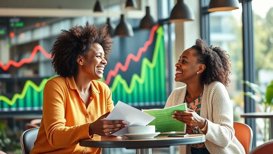 Two diverse individuals joyfully discussing stock market investment in a modern cafe.