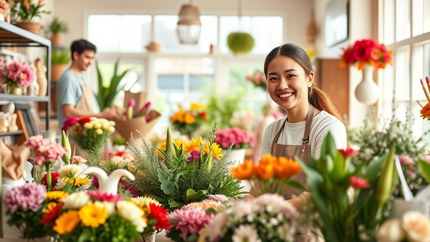 Cheerful florist in vibrant shop showcasing local business marketing through effective Instagram advertising.