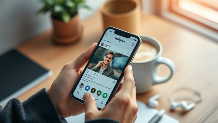 Focused hand holding smartphone browsing Instagram insights for social media engagement.