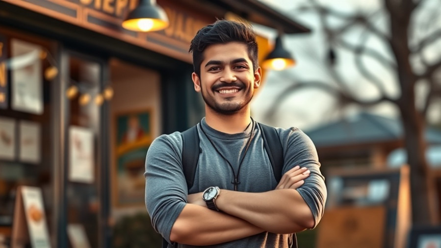 Confident local business owner showcasing financial health and optimism in golden hour lighting.