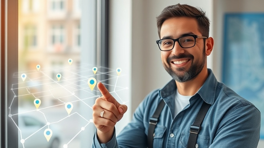 Confident business owner pointing at digital map, highlighting local business SEO strategies.