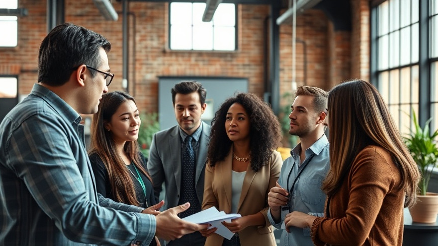 Diverse professionals discussing leadership strategies in a modern office.