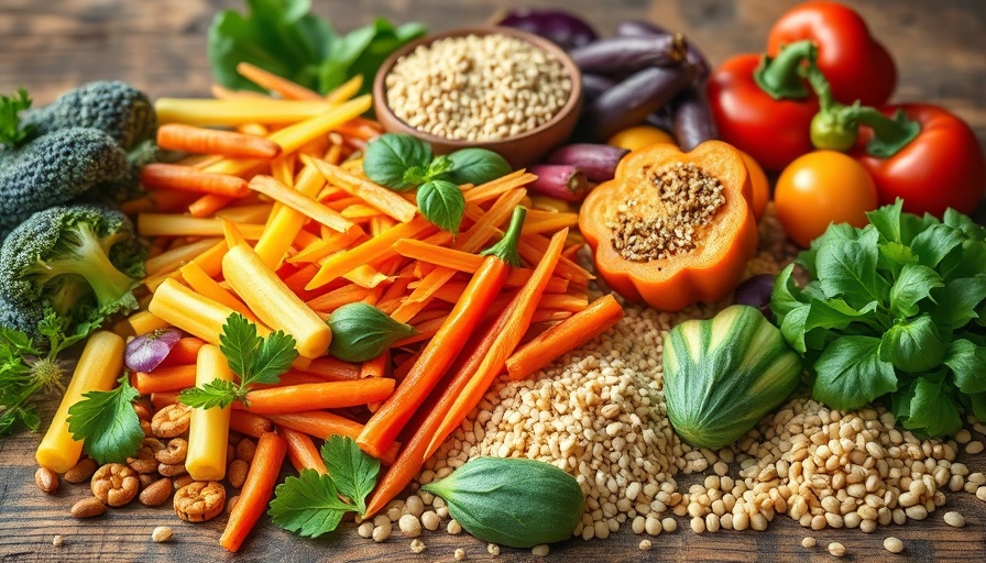 Assortment of nutrient-rich foods on rustic table.