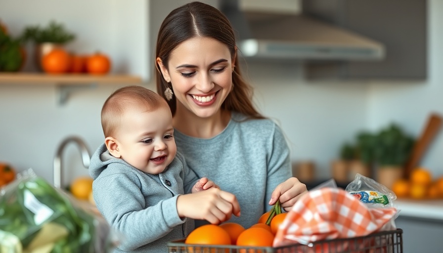 Young woman and baby exploring groceries for infant nutrition in kitchen.