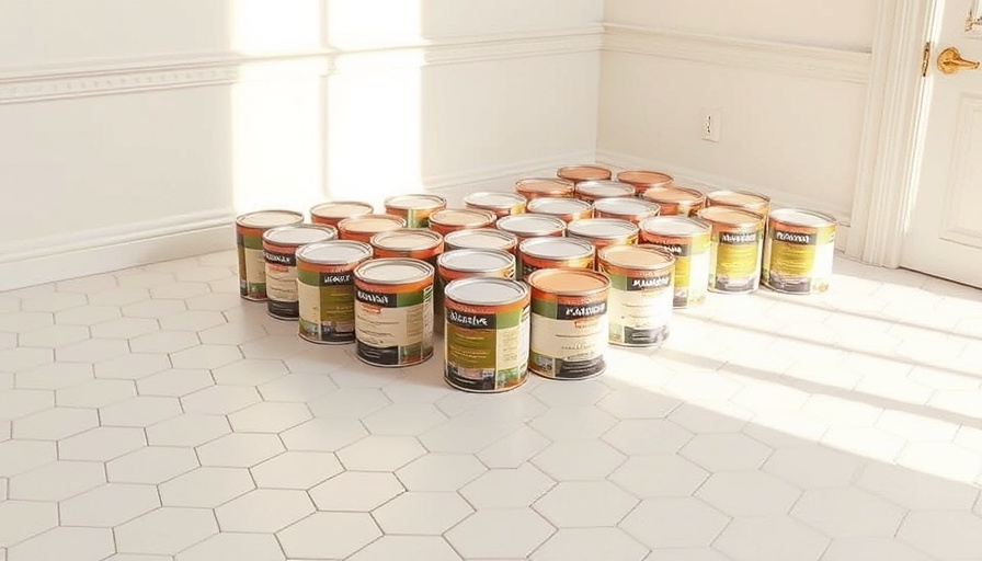 Paint cans on hexagonal tile floor, home improvement.