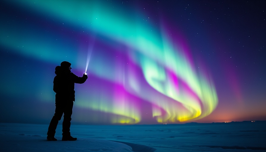 Vibrant aurora borealis and silhouette person under starry sky.