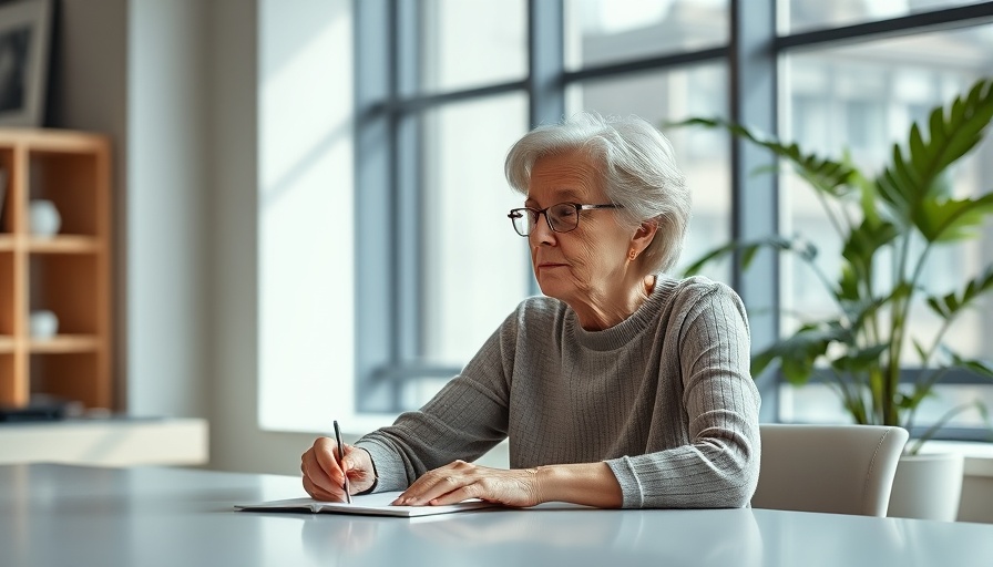 Older woman reflecting on menopause and mental health in bright office.