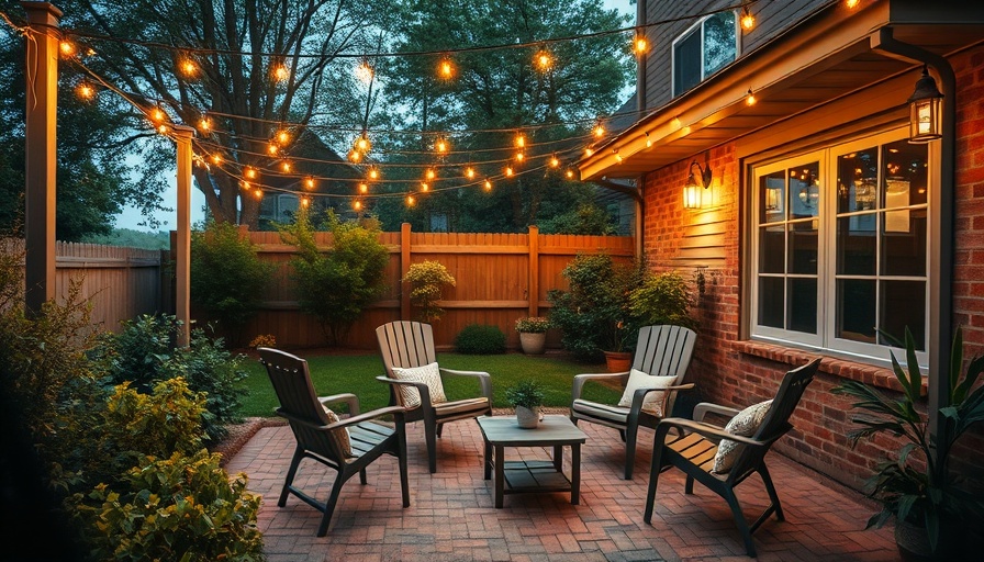 Well-lit outdoor space with string lights over chairs.