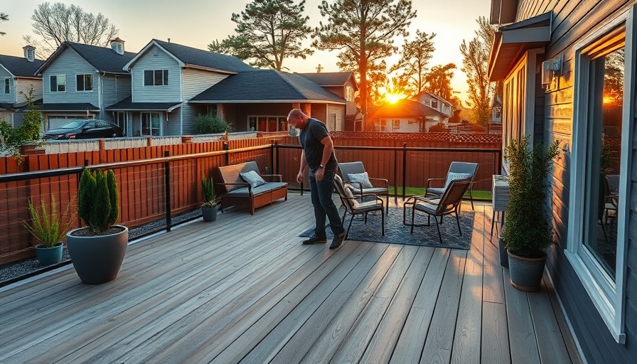 Low-maintenance composite deck at sunset with people socializing.