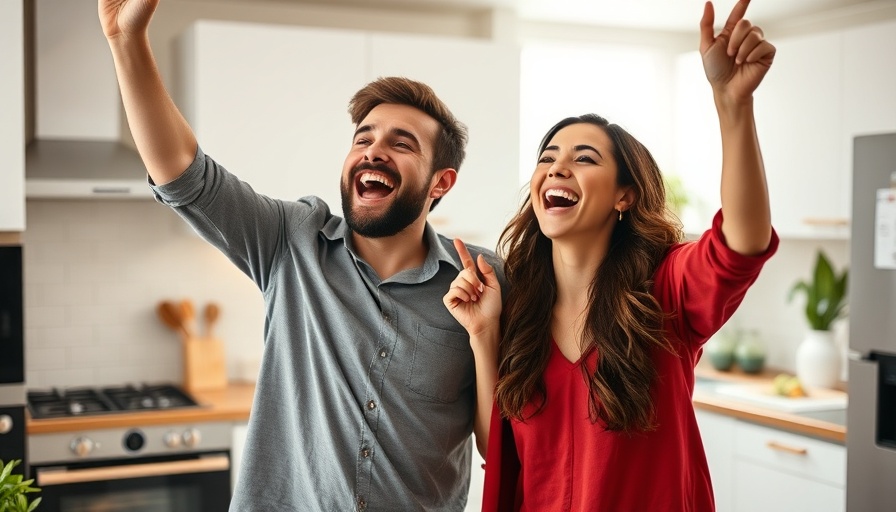 Joyful couple celebrating success at home in 2025 kitchen.