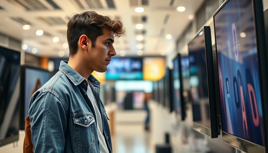 Thoughtful shopper examining TVs in an electronics store, saving money tips.