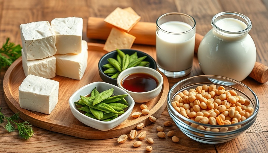 Assorted soy foods including tofu and soy milk for soy allergy awareness.