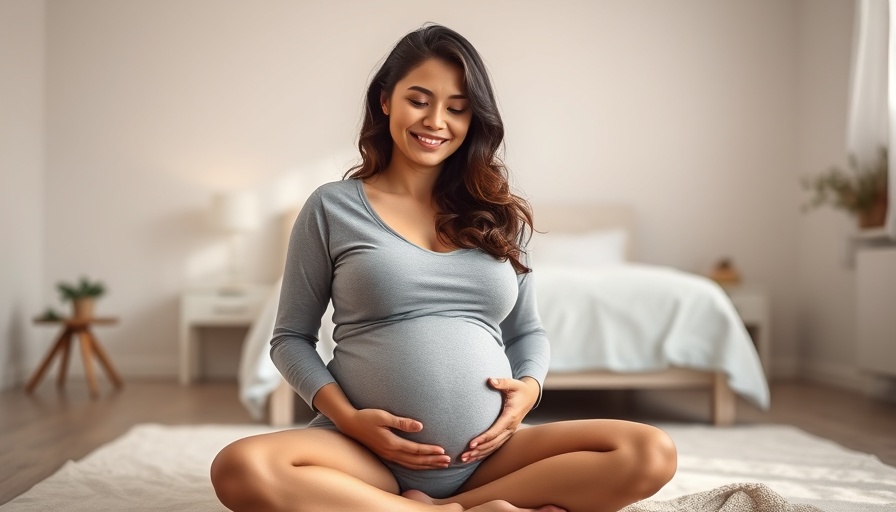 Pregnant woman smiling and sitting on floor in a cozy bedroom setting.