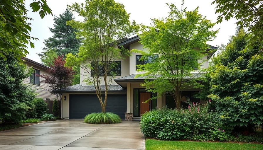 Modern suburban home for a growing family, lush greenery and driveway.