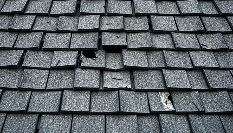 Damaged roof shingles indicating storm damage for repair.