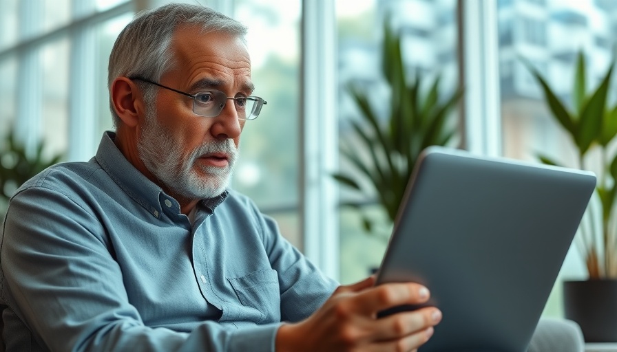 Alarmed man reads dangerous email subject lines on laptop.