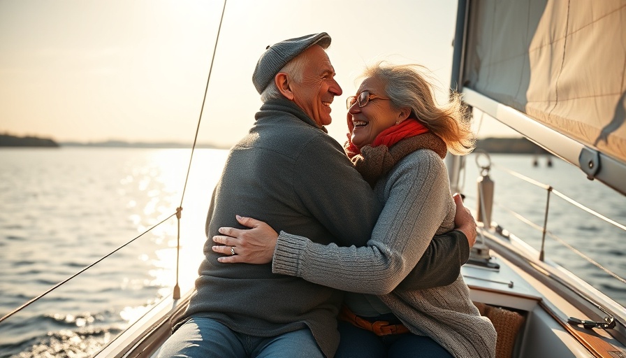 Happy older couple embracing on a sailboat, enjoying life
