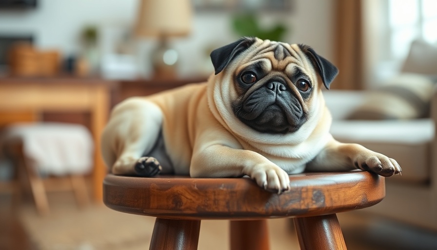 Charming pug dog coping with boredom mindfully on stool in cozy setting.