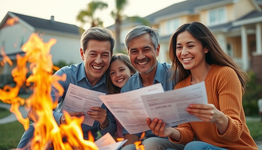 Happy family burning documents outdoors, symbolizing paying off mortgage early.