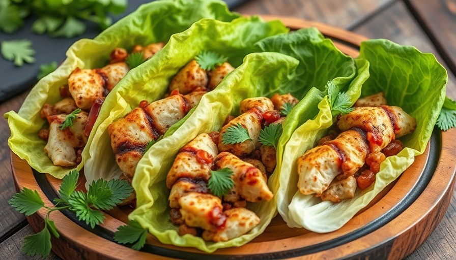 Sheet pan chicken shawarma lettuce bundles on wooden platter.