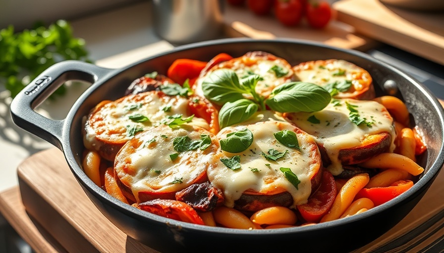Skillet cannellini bean eggplant parmesan in kitchen.
