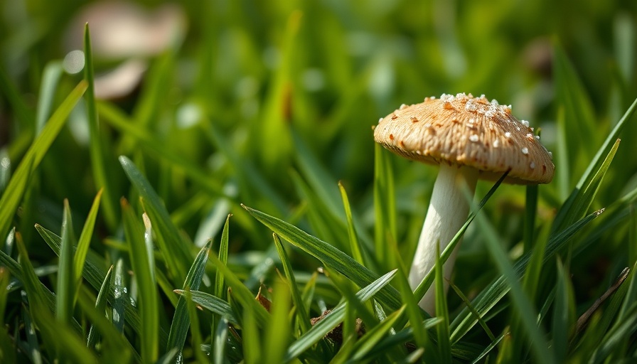Close-up of mushroom in lush grass for spotting lawn diseases.