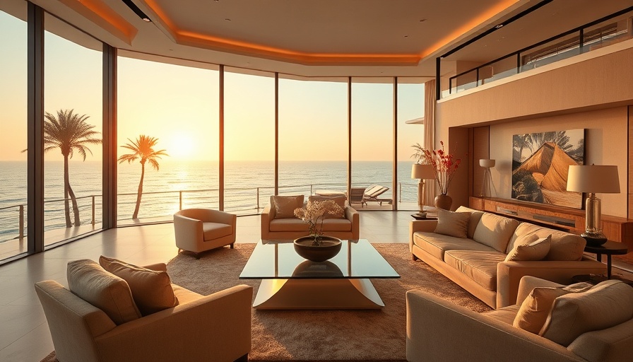 Luxurious living room staged with ocean view