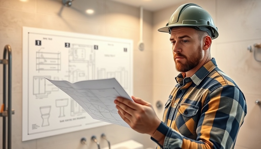 Construction worker assesses bathroom renovation plans in NZ.