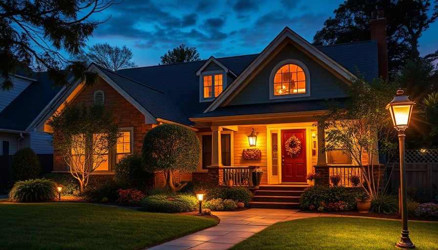 Suburban house with garden lights boosting curb appeal.