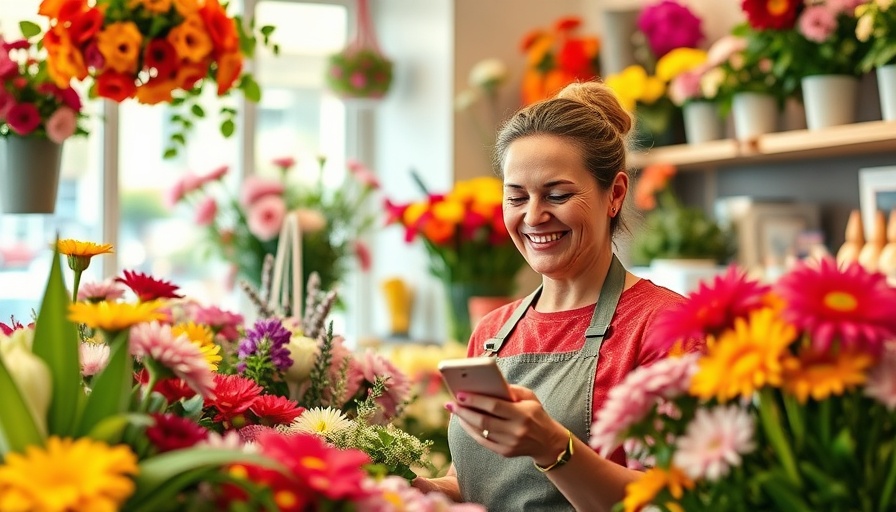 Local florist using Instagram to enhance business sales surrounded by flowers.