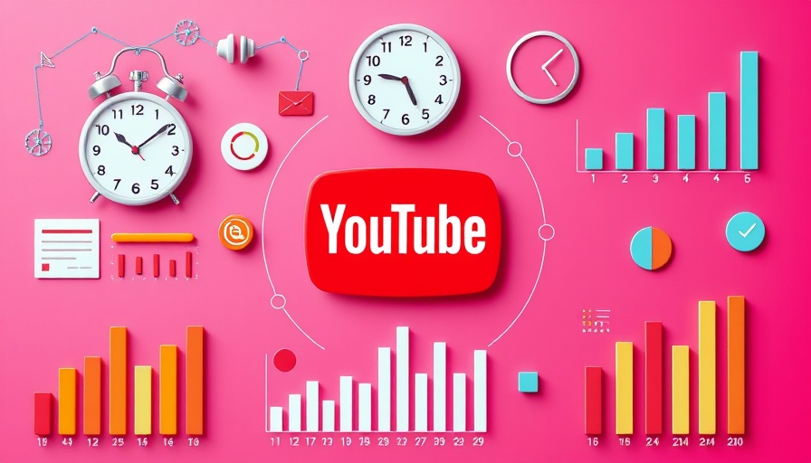Vibrant digital analytics with YouTube logo, calendar, and graphs on pink.